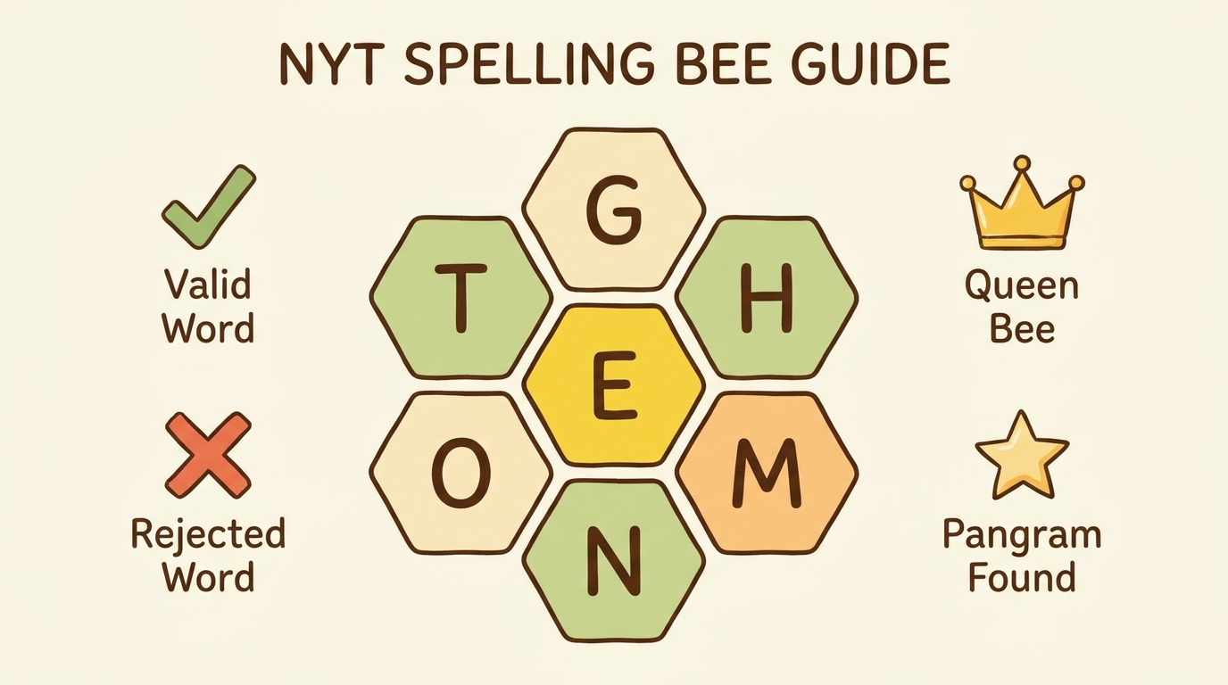 Diagram showing the NYT Spelling Bee honeycomb interface with labeled game elements — center letter, valid/rejected indicators, pangram star, and Queen Bee crown. What Is the NYT Spelling Bee