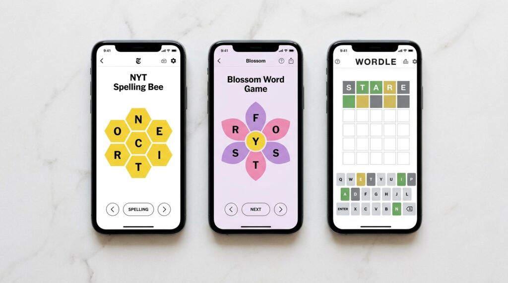 Three smartphones showing NYT Spelling Bee, Blossom Word Game, and Wordle interfaces side by side for comparison What Is the NYT Spelling Bee