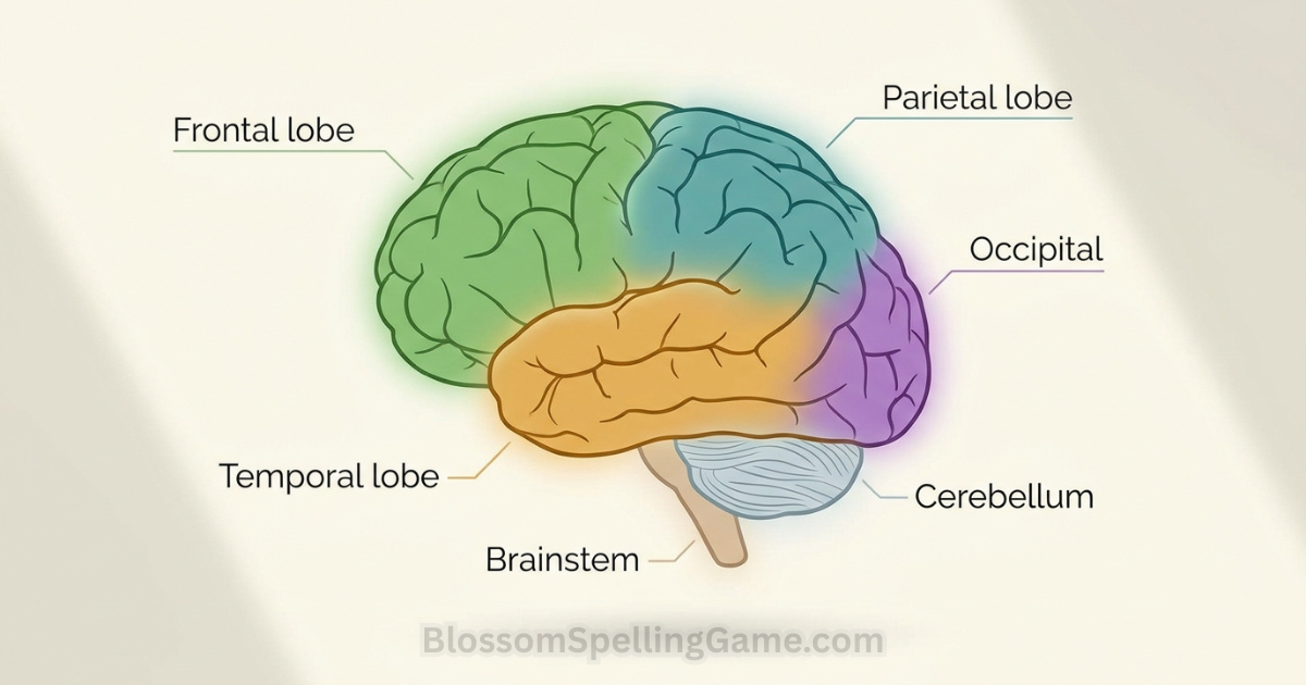 How Word Games Help Your Brain Illustrated brain diagram showing key language-processing regions relevant to word games, color-coded by lobe